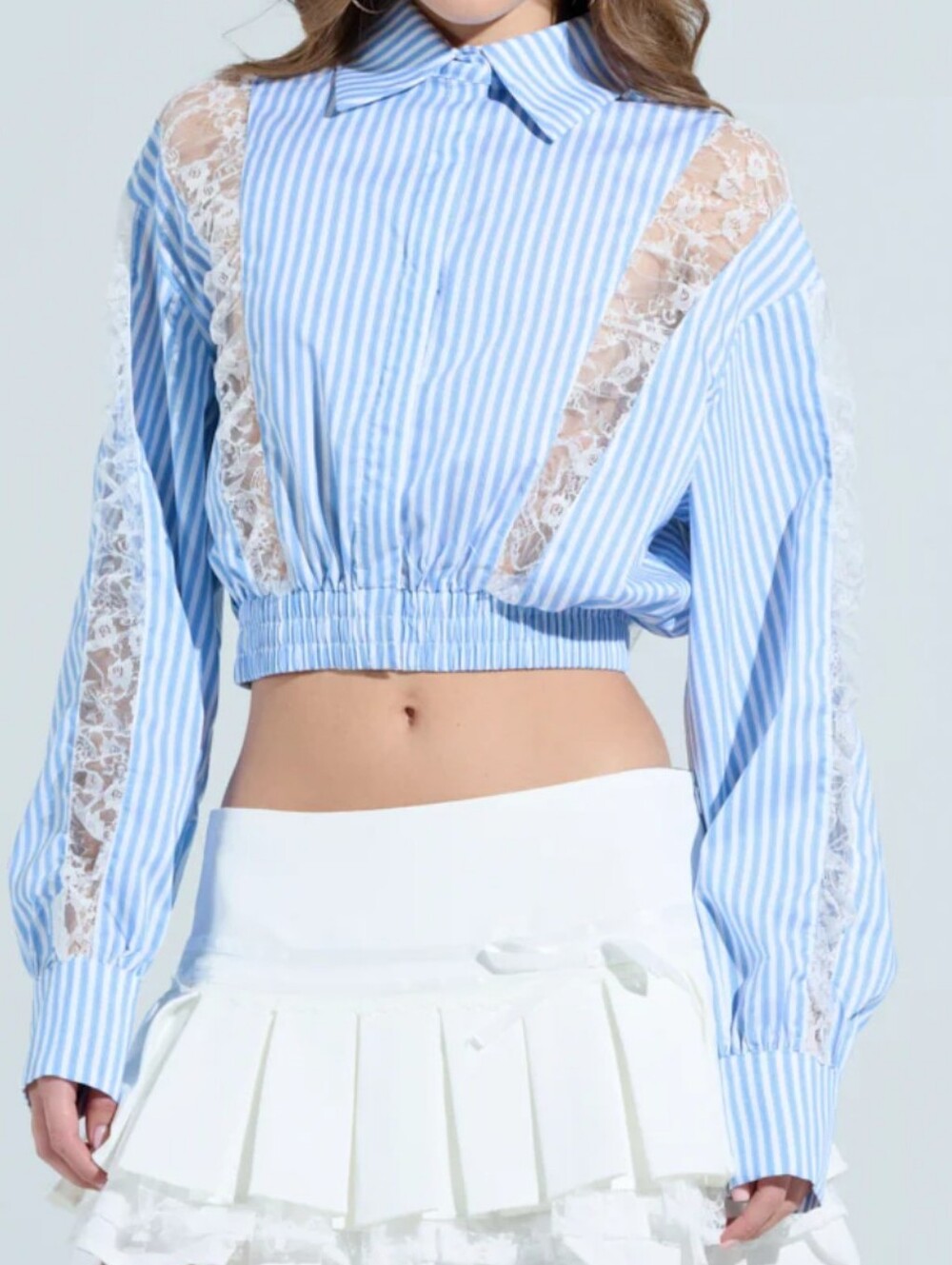 Stripe & Lace Button Crop